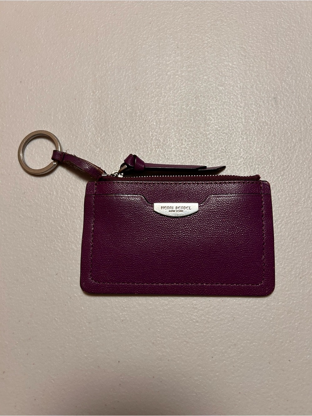 henri bendel Plum Leather Zip Card Keyring